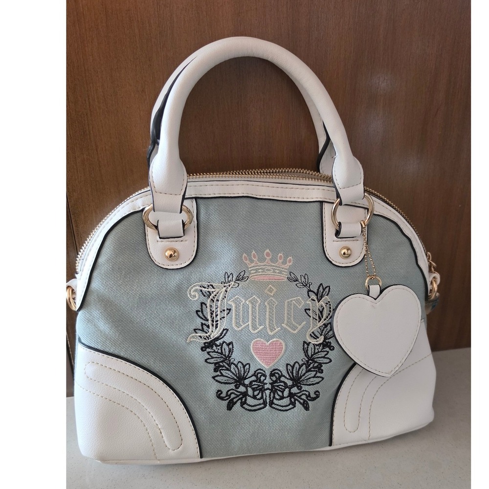 NWOT Juicy Couture Light Blue Denim White Satchel Bag Embroidered Crest Y2K Dome